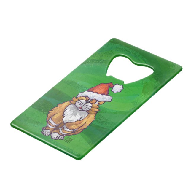 Ginger Cat Christmas On Green Wallet Bottle Opener (Front Angled)