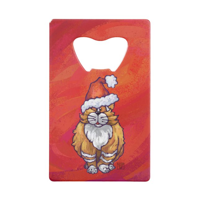 Ginger Cat Christmas On Red Credit Card Bottle Opener (Front)