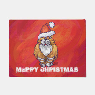 Ginger Cat Christmas On Red Doormat