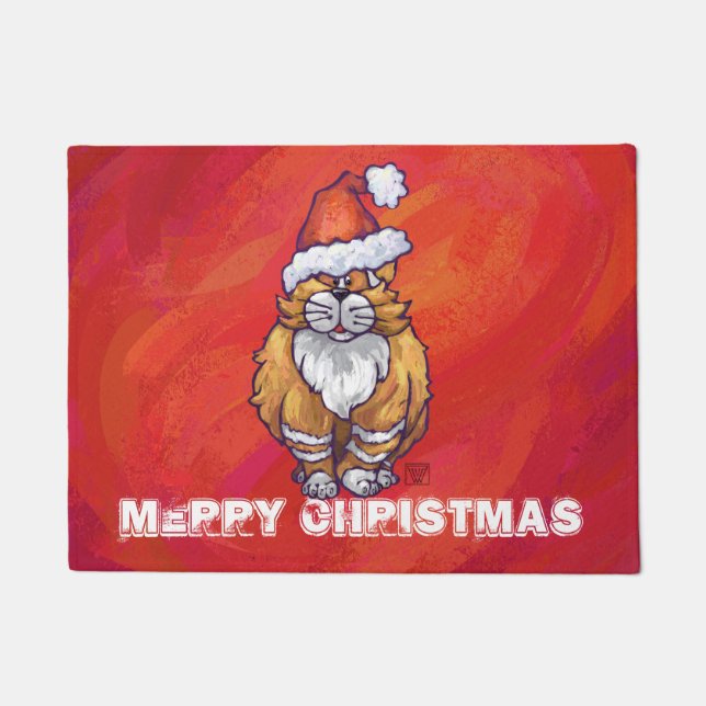 Ginger Cat Christmas On Red Doormat (Front)