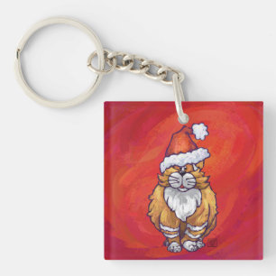 Ginger Cat Christmas On Red Keychain