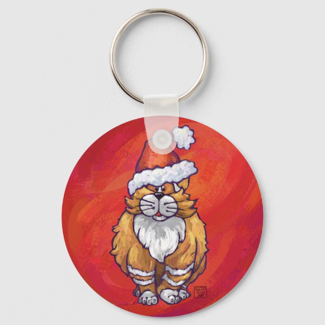 Ginger Cat Christmas On Red Keychain (Front)