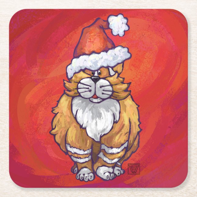 Ginger Cat Christmas On Red Square Paper Coaster (Front)