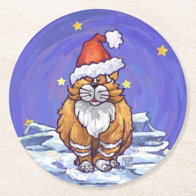 Ginger Cat Christmas Round Paper Coaster (Front)