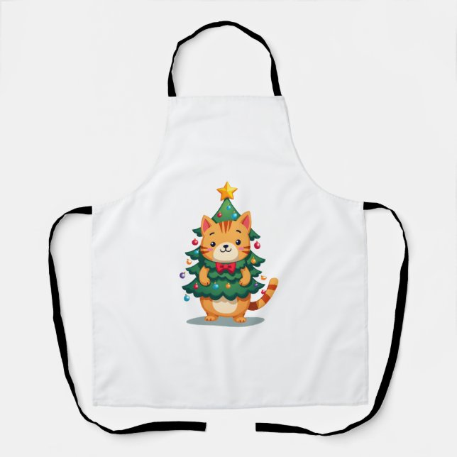 Ginger Cat Christmas Tree Cute Xmas 2 Apron (Front)