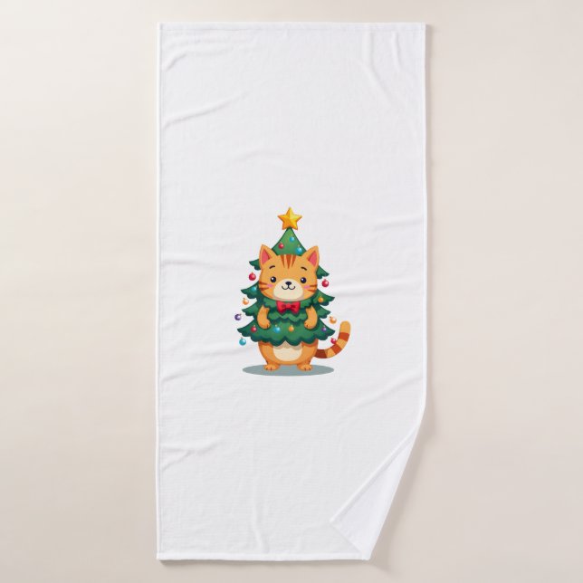 Ginger Cat Christmas Tree Cute Xmas 2 Bath Towel (Bath Towel)