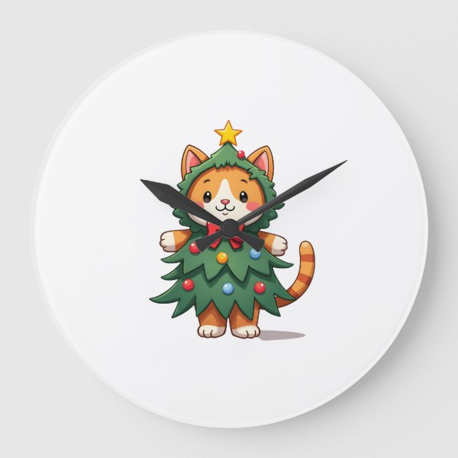 Ginger Cat Christmas Tree Cute Xmas 3 Large Clock (Front)