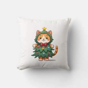 Ginger Cat Christmas Tree Cute Xmas 3 Throw Pillow