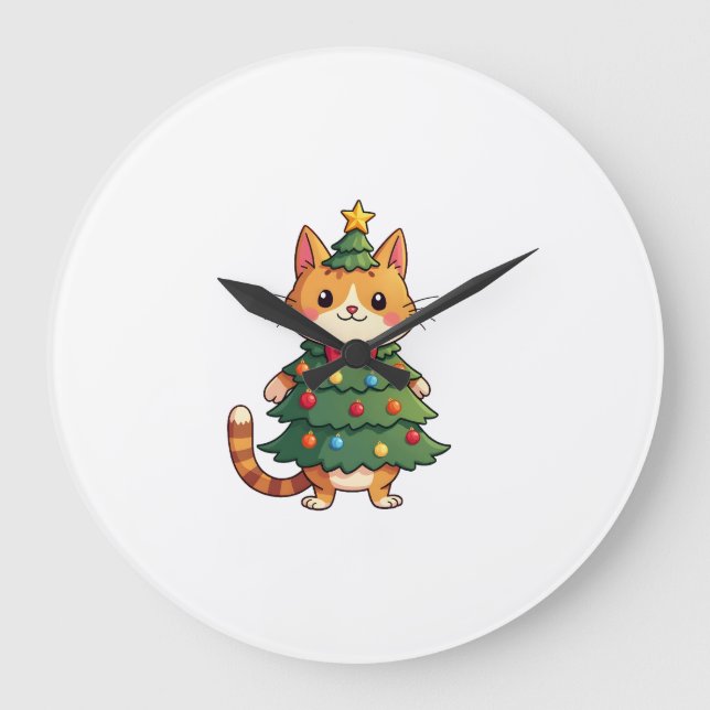 Ginger Cat Christmas Tree Cute Xmas 4 Large Clock (Front)