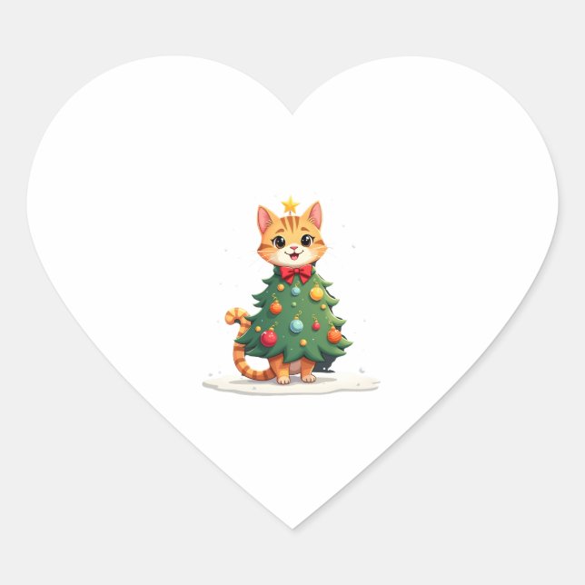Ginger Cat Christmas Tree Cute Xmas Girls Kids Tod Heart Sticker (Front)