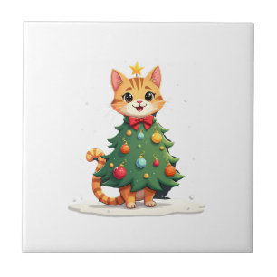 Ginger Cat Christmas Tree Cute Xmas Girls Kids Tod Tile
