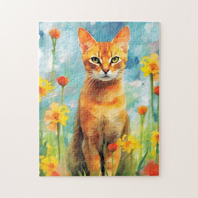 Ginger cat colourful watercolor artwork jigsaw puzzle (Vertical)