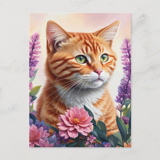 Ginger Cat Floral Multicolor Art Postcard (Front)