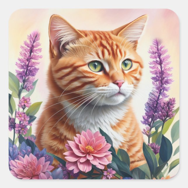 Ginger Cat Floral Multicolor Art Square Sticker (Front)