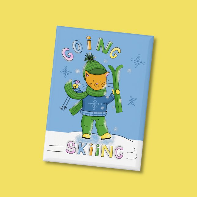 Ginger Cat Going Skiing Blue Rectangular Button (Fun ginger cat going skiing blue and white rectangular button .)