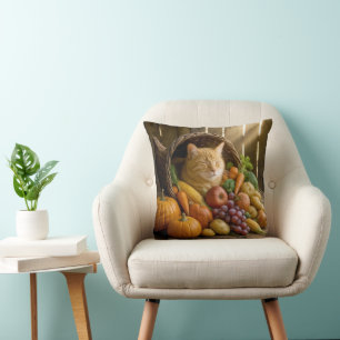 Ginger Cat In a Thanksgiving Cornucopia Throw Pillow