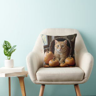 Ginger Cat In a Thanksgiving Cornucopia  Throw Pillow