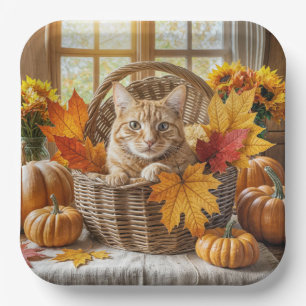 Ginger Cat in Autumn Basket Paper Plate