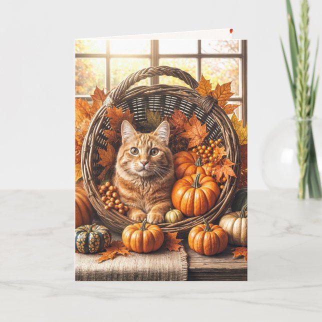 Ginger Cat in Autumn Birthday Card (Front)