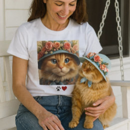 Ginger Cat in Blue Hat with Flowers  Cat Lover  T-Shirt