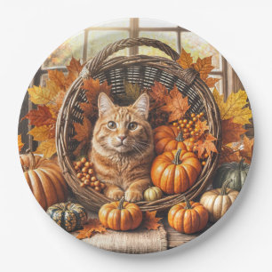 Ginger Cat in Thanksgiving Cornucopia Paper Plate