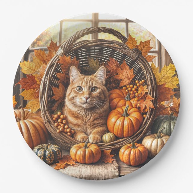 Ginger Cat in Thanksgiving Cornucopia Paper Plate (Front)