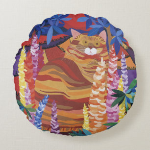 Ginger Cat in the Garden Round Pillow