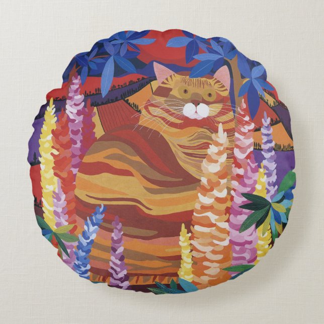 Ginger Cat in the Garden Round Pillow (Front)