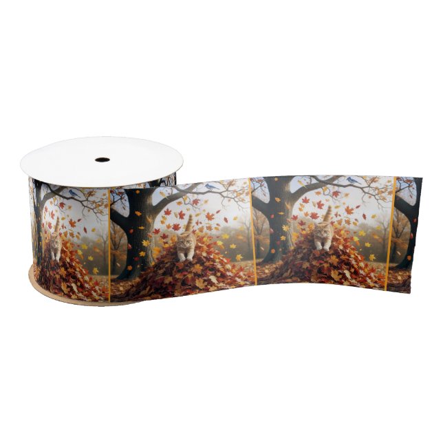 Ginger Cat Leaping Out of Autumn Leaf Pile Satin Ribbon (Spool)
