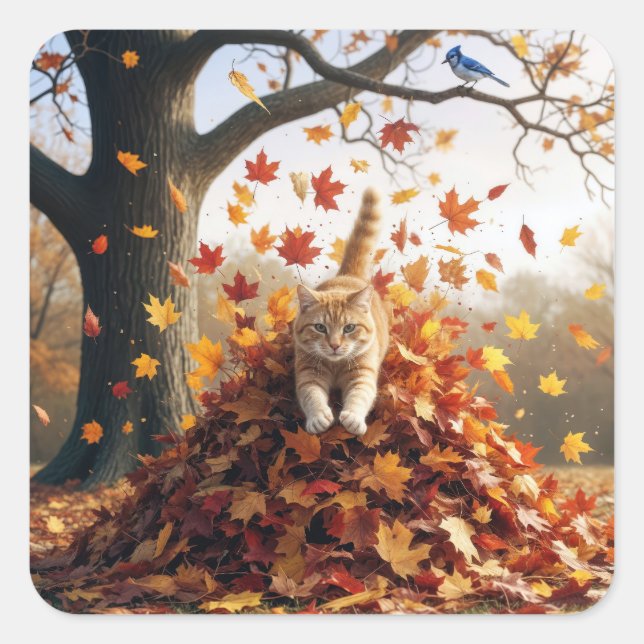 Ginger Cat Leaping Out of Autumn Leaf Pile Square Sticker (Front)