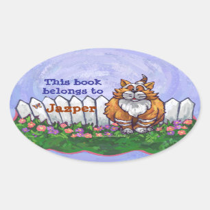 Ginger Cat Library Bookplate Oval Sticker