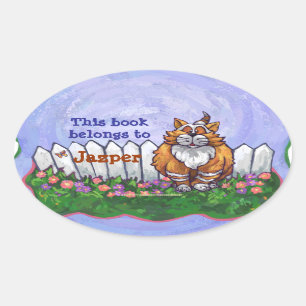 Ginger Cat Library Bookplate Oval Sticker