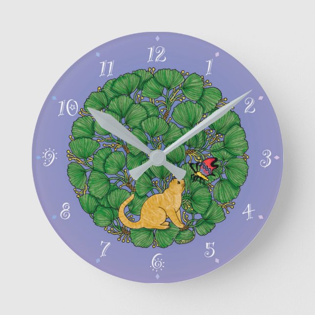 Ginger cat looks at a butterfly round clock (Front)