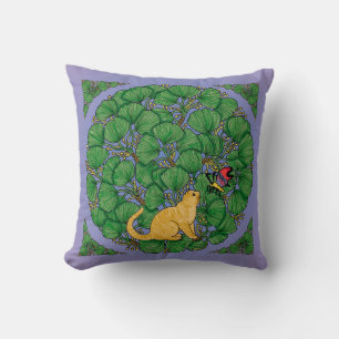 Ginger cat looks at a butterfly throw pillow