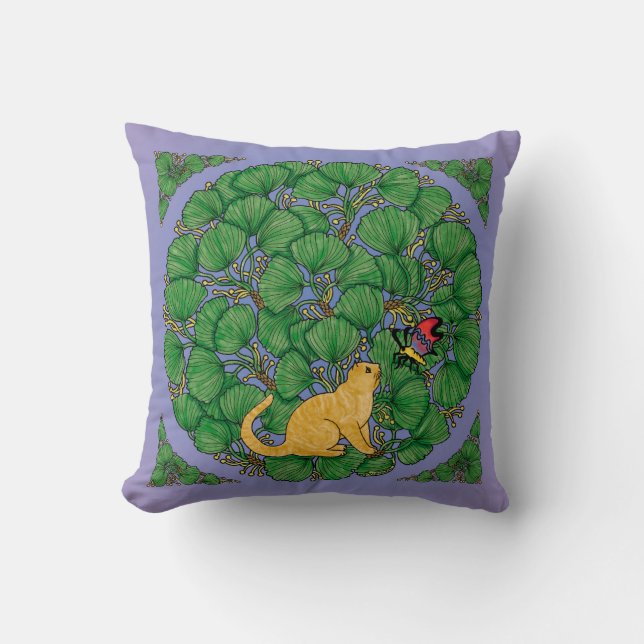 Ginger cat looks at a butterfly throw pillow (Front)