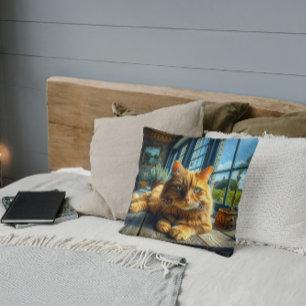 Ginger Cat Lounging on a Table By a Window Throw Pillow