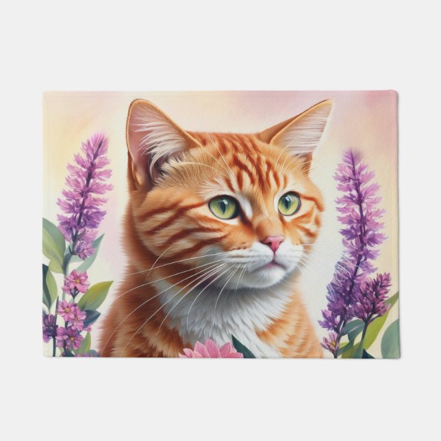 Ginger Cat Multicolor Flowers Art Doormat (Front)