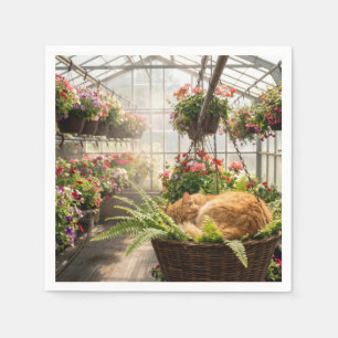 Ginger Cat Napping in Hanging Fern Basket Napkin