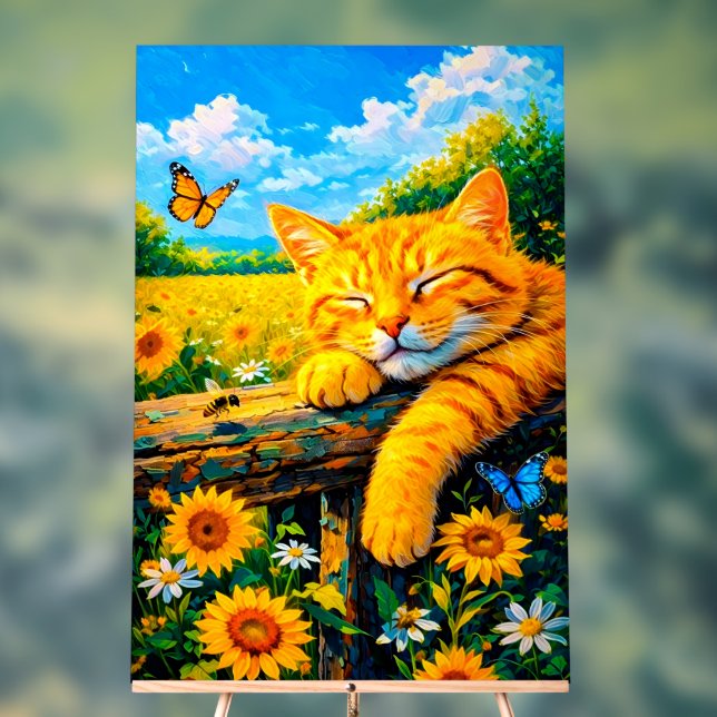 Ginger cat napping peacefully on rustic wood fence acrylic sign (Neutral)