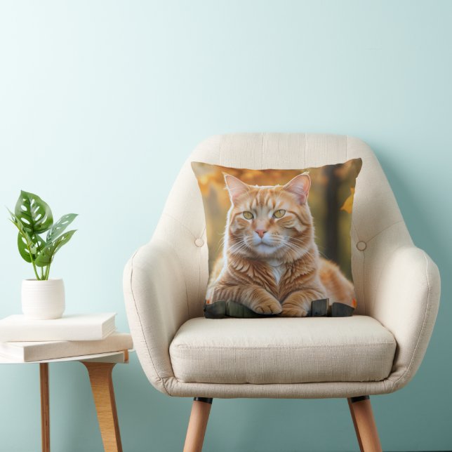 Ginger Cat On Rustic Fence Throw Pillow (Chair)