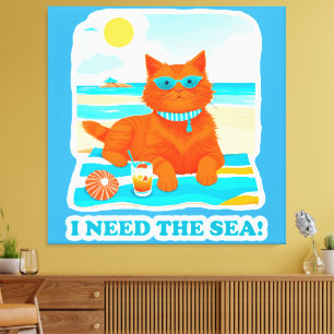 Ginger Cat on the Beach I Need the Sea Summer Canvas Print