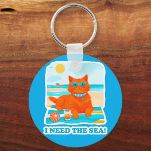 Ginger Cat on the Beach I Need the Sea Summer Keychain