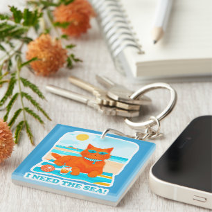 Ginger Cat on the Beach I Need the Sea Summer Keychain
