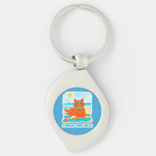 Ginger Cat on the Beach I Need the Sea Summer Keychain