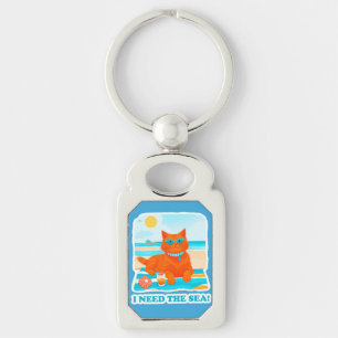 Ginger Cat on the Beach I Need the Sea Summer Keychain