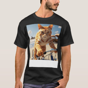 Ginger Cat Riding A Bicycle Along The Beach T-Shirt