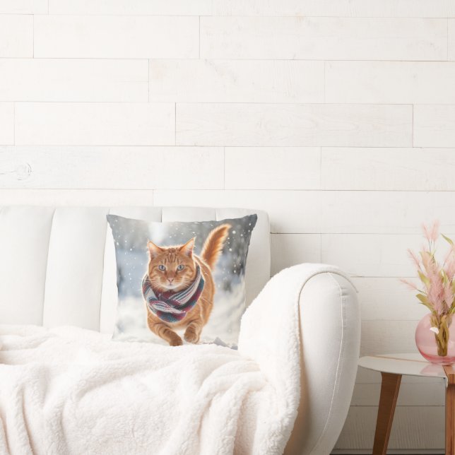 Ginger Cat Running In Snowflakes Throw Pillow (Couch)