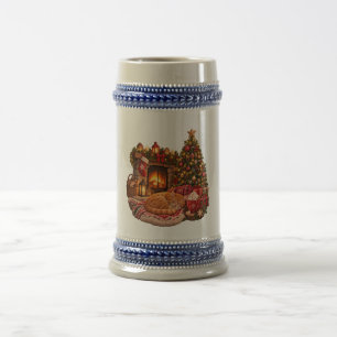 Ginger Cat Sleeping by Fireplace Christmas Clipart Beer Stein
