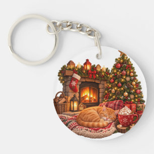 Ginger Cat Sleeping by Fireplace Christmas Clipart Keychain