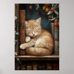 Ginger Cat Sleeping on Books Print, Dark Academia Poster